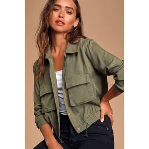 Lulus Eldora Olive Green Cropped Utility Jacket - Size M